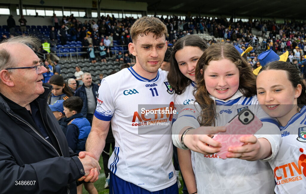 13 June 2026; Mícheál Bannigan of Monaghan poses for a selfie with supporters after the GAA Football All-Ireland Senior Championship Round 2B match between Monaghan and Roscommon at St. Tiernach's Park in Clones, Monaghan. Photo by Paul Phelan/Sportsfile