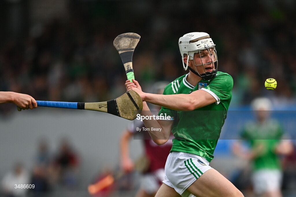 13 June 2026; Ryan Foley of Limerick takes a shot at goal during the Electric Ireland All-Ireland Minor Hurling Championship semi-final match between Galway and Limerick at Zimmer Biomet Páirc Chíosóg in Ennis, Clare. Photo by Tom Beary/Sportsfile
