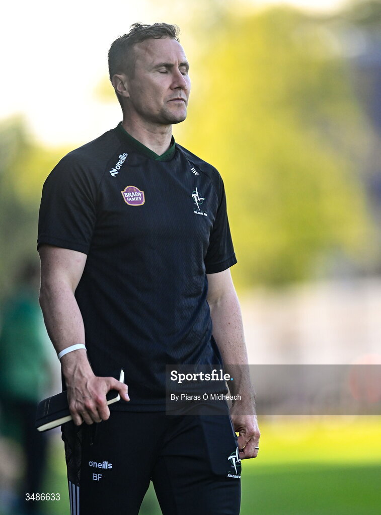 13 June 2026; Kildare manager Brian Flanagan reacts during the closing moments of the GAA Football All-Ireland Senior Championship Round 2B match between Kildare and Kerry at Cedral St Conleth's Park in Newbridge, Kildare. Photo by Piaras Ó Mídheach/Sportsfile