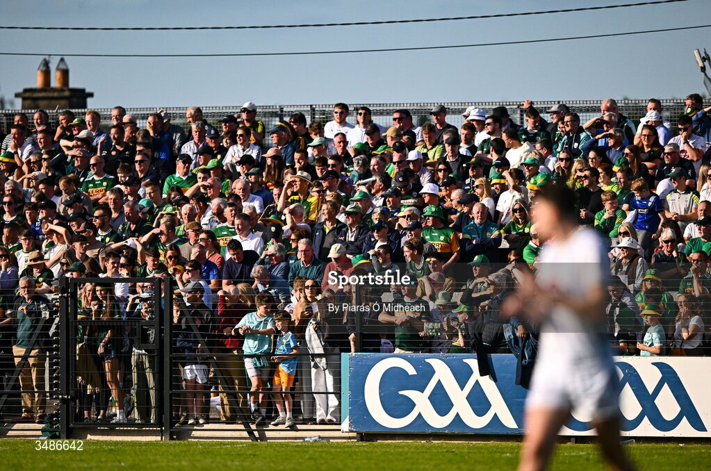 13 June 2026; Supporters on a terrace during the GAA Football All-Ireland Senior Championship Round 2B match between Kildare and Kerry at Cedral St Conleth's Park in Newbridge, Kildare. Photo by Piaras Ó Mídheach/Sportsfile