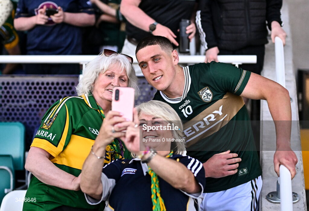 13 June 2026; Joe O'Connor of Kerry with supporters after the GAA Football All-Ireland Senior Championship Round 2B match between Kildare and Kerry at Cedral St Conleth's Park in Newbridge, Kildare. Photo by Piaras Ó Mídheach/Sportsfile