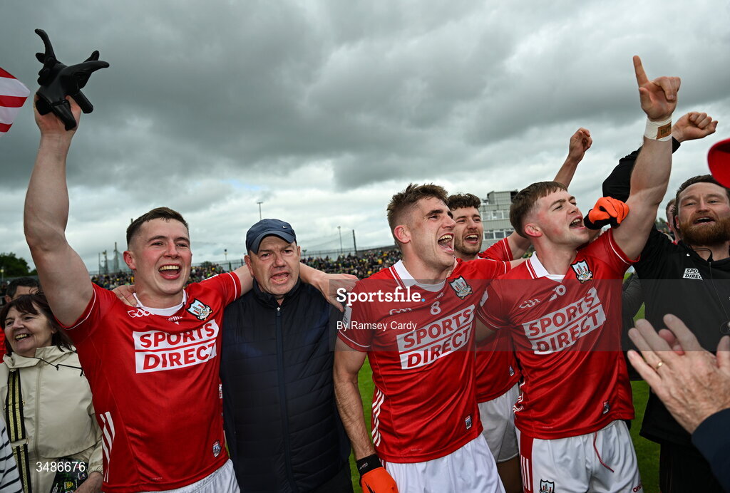 13 June 2026; Cork players celebrate after the GAA Football All-Ireland Senior Championship Round 2A match between Donegal and Cork at MacCumhaill Park in Ballybofey, Donegal. Photo by Ramsey Cardy/Sportsfile