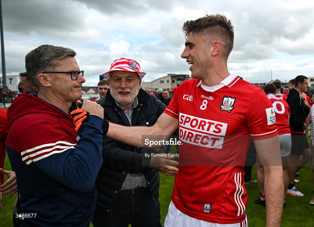 13 June 2026; Ian Maguire of Cork and coach Kevin Murray celebrate after the GAA Football All-Ireland Senior Championship Round 2A match between Donegal and Cork at MacCumhaill Park in Ballybofey, Donegal. Photo by Ramsey Cardy/Sportsfile