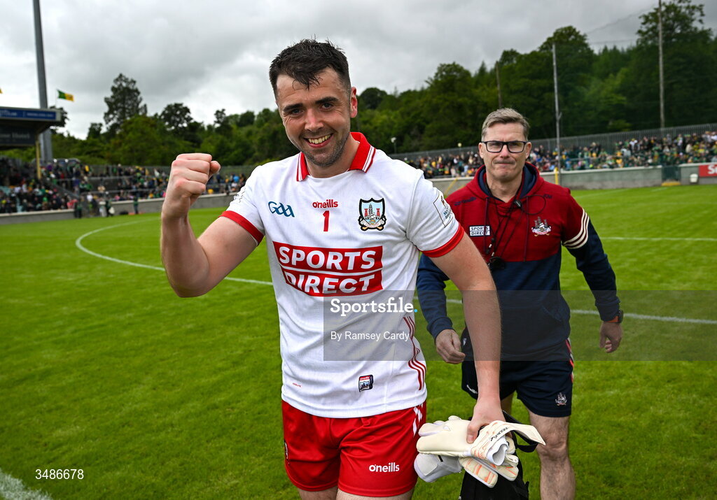 13 June 2026; Cork goalkeeper Patrick Doyle and coach Kevin Murray celebrate after the GAA Football All-Ireland Senior Championship Round 2A match between Donegal and Cork at MacCumhaill Park in Ballybofey, Donegal. Photo by Ramsey Cardy/Sportsfile