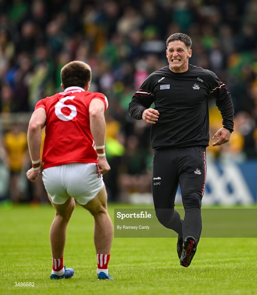13 June 2026; Colm O'Callaghan, right, and Tommy Walsh of Cork celebrate after the GAA Football All-Ireland Senior Championship Round 2A match between Donegal and Cork at MacCumhaill Park in Ballybofey, Donegal. Photo by Ramsey Cardy/Sportsfile