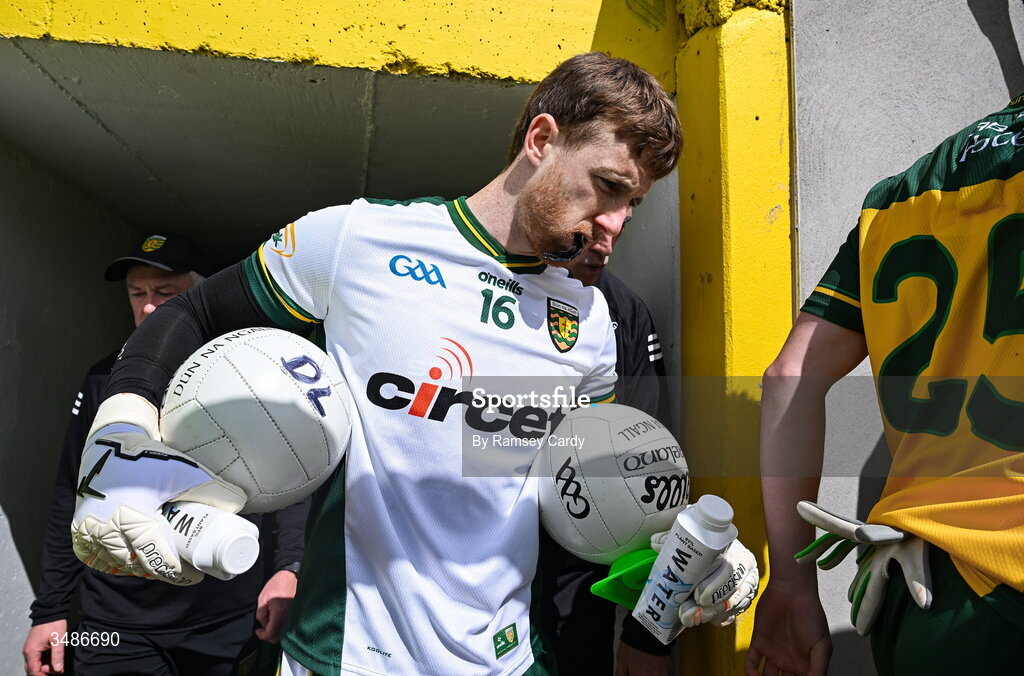 13 June 2026; Donegal goalkeeper Shaun Patton makes his way out for the second half of the GAA Football All-Ireland Senior Championship Round 2A match between Donegal and Cork at MacCumhaill Park in Ballybofey, Donegal. Photo by Ramsey Cardy/Sportsfile