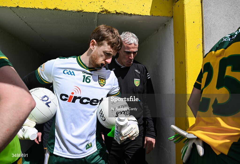 13 June 2026; Donegal goalkeeper Shaun Patton and Donegal manager Jim McGuinness make their way out for the second half of the GAA Football All-Ireland Senior Championship Round 2A match between Donegal and Cork at MacCumhaill Park in Ballybofey, Donegal. Photo by Ramsey Cardy/Sportsfile