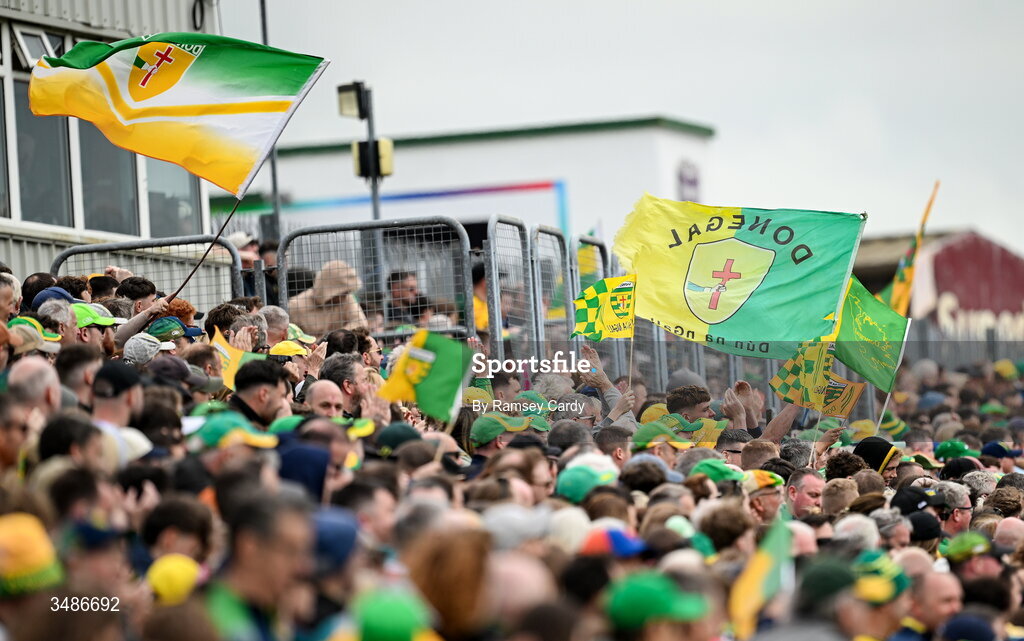 13 June 2026; Donegal supporters during the GAA Football All-Ireland Senior Championship Round 2A match between Donegal and Cork at MacCumhaill Park in Ballybofey, Donegal. Photo by Ramsey Cardy/Sportsfile