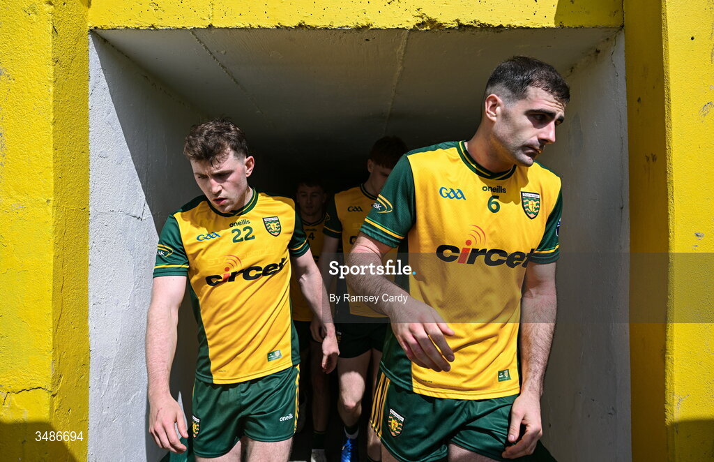 13 June 2026; Shane O' Donnell, left, and Caolan McGonagle of Donegal makes their way out for the second half of the GAA Football All-Ireland Senior Championship Round 2A match between Donegal and Cork at MacCumhaill Park in Ballybofey, Donegal. Photo by Ramsey Cardy/Sportsfile