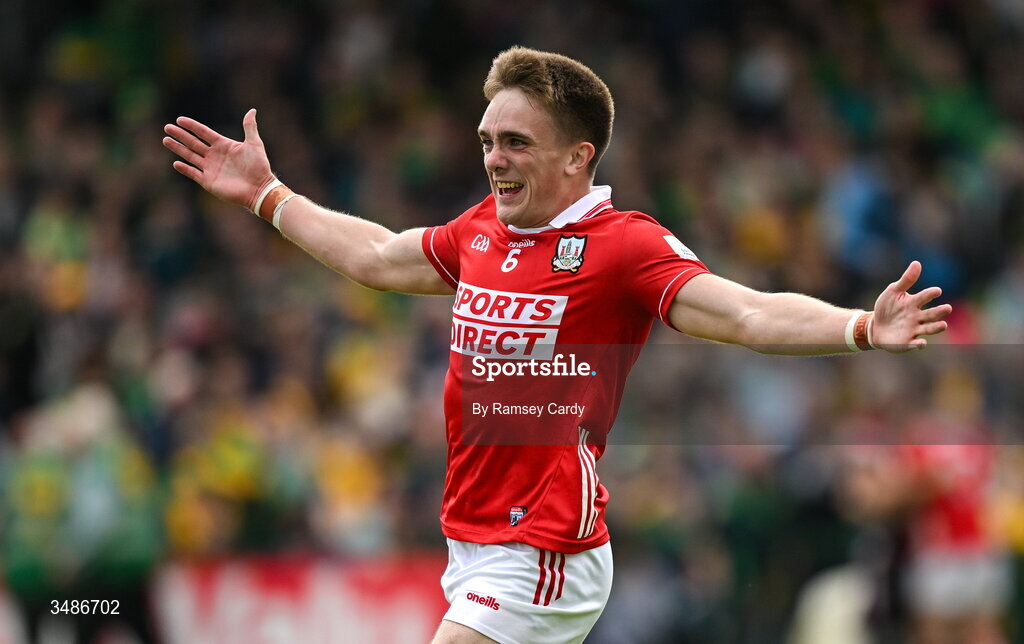 13 June 2026; Tommy Walsh of Cork celebrates after the GAA Football All-Ireland Senior Championship Round 2A match between Donegal and Cork at MacCumhaill Park in Ballybofey, Donegal. Photo by Ramsey Cardy/Sportsfile