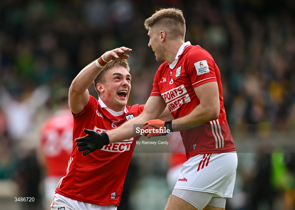 13 June 2026; Tommy Walsh, left, and Ian Maguire of Cork celebrate after the GAA Football All-Ireland Senior Championship Round 2A match between Donegal and Cork at MacCumhaill Park in Ballybofey, Donegal. Photo by Ramsey Cardy/Sportsfile
