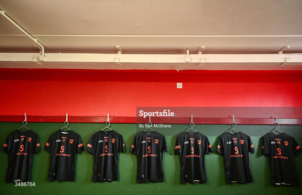 14 June 2026; A general view inside the Armagh dressing room before the GAA Football All-Ireland Senior Championship Round 2A match between Louth and Armagh at Páirc Grattan in Inniskeen, Monaghan. Photo by Ben McShane/Sportsfile