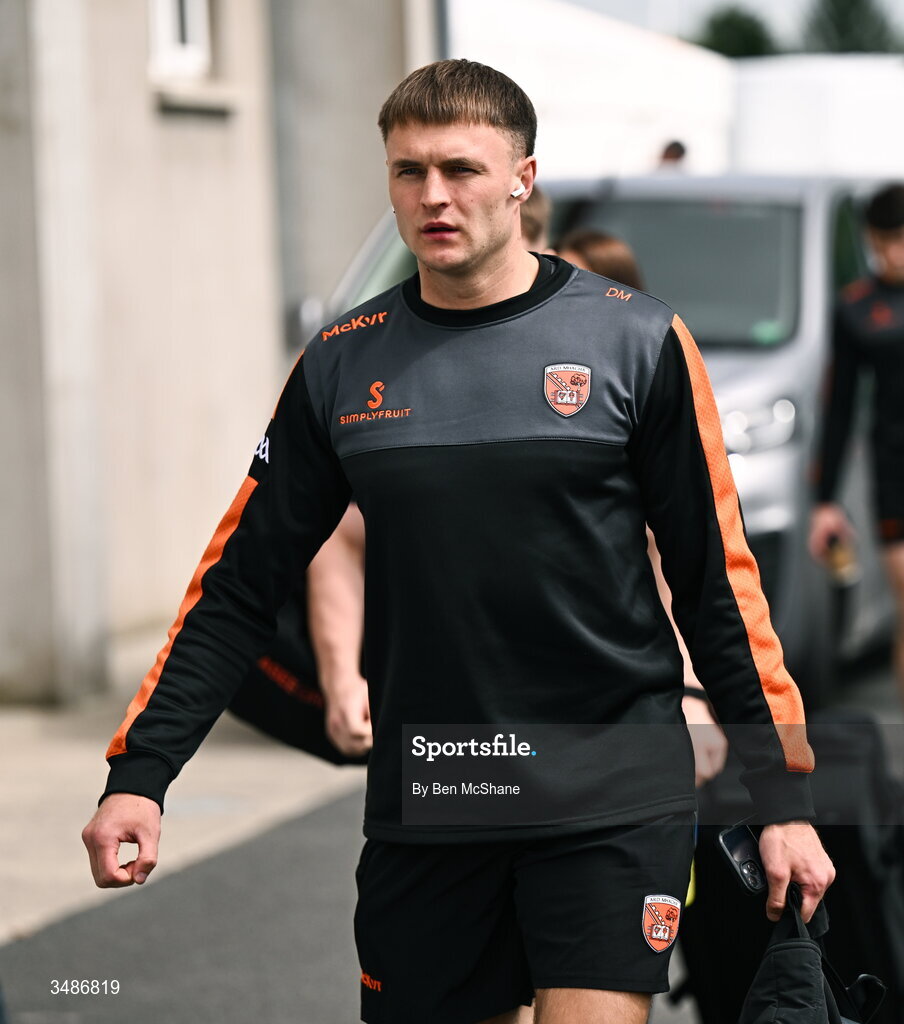 14 June 2026; Daniel Magee of Armagh arrives before the GAA Football All-Ireland Senior Championship Round 2A match between Louth and Armagh at Páirc Grattan in Inniskeen, Monaghan. Photo by Ben McShane/Sportsfile