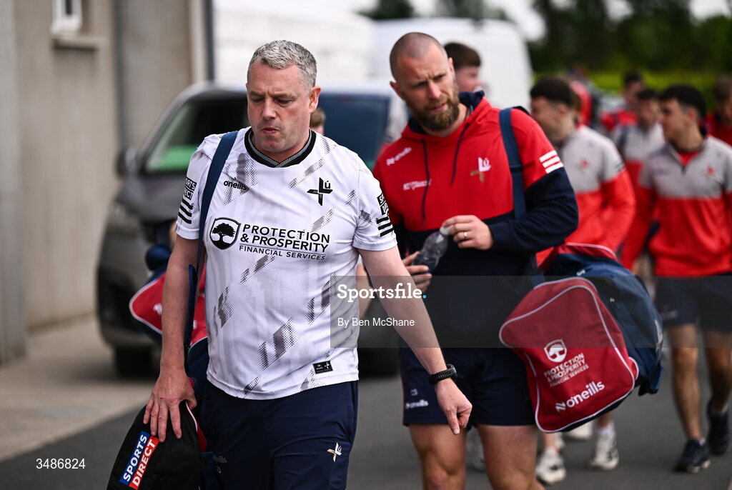 14 June 2026; Louth manager Gavin Devlin arrives before the GAA Football All-Ireland Senior Championship Round 2A match between Louth and Armagh at Páirc Grattan in Inniskeen, Monaghan. Photo by Ben McShane/Sportsfile