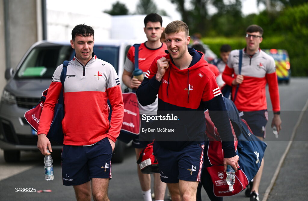 14 June 2026; Craig Lennon, left, and Paul Matthews of Louth arrive before the GAA Football All-Ireland Senior Championship Round 2A match between Louth and Armagh at Páirc Grattan in Inniskeen, Monaghan. Photo by Ben McShane/Sportsfile