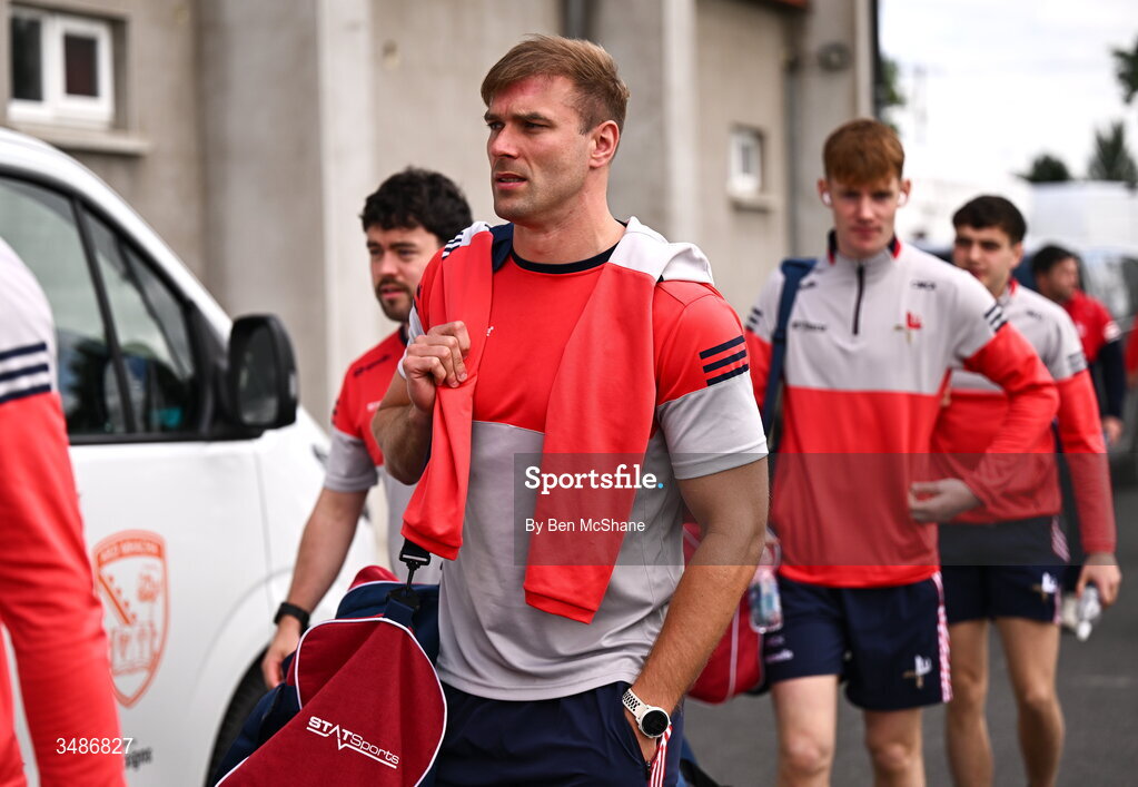 14 June 2026; Conor Grimes of Louth arrives before the GAA Football All-Ireland Senior Championship Round 2A match between Louth and Armagh at Páirc Grattan in Inniskeen, Monaghan. Photo by Ben McShane/Sportsfile