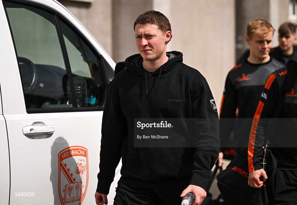 14 June 2026; Armagh goalkeeper Blaine Hughes arrives before the GAA Football All-Ireland Senior Championship Round 2A match between Louth and Armagh at Páirc Grattan in Inniskeen, Monaghan. Photo by Ben McShane/Sportsfile