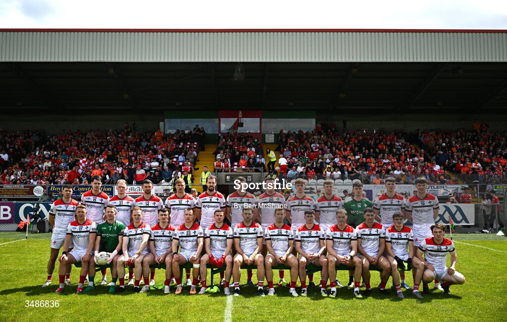 14 June 2026; The Louth team before the GAA Football All-Ireland Senior Championship Round 2A match between Louth and Armagh at Páirc Grattan in Inniskeen, Monaghan. Photo by Ben McShane/Sportsfile