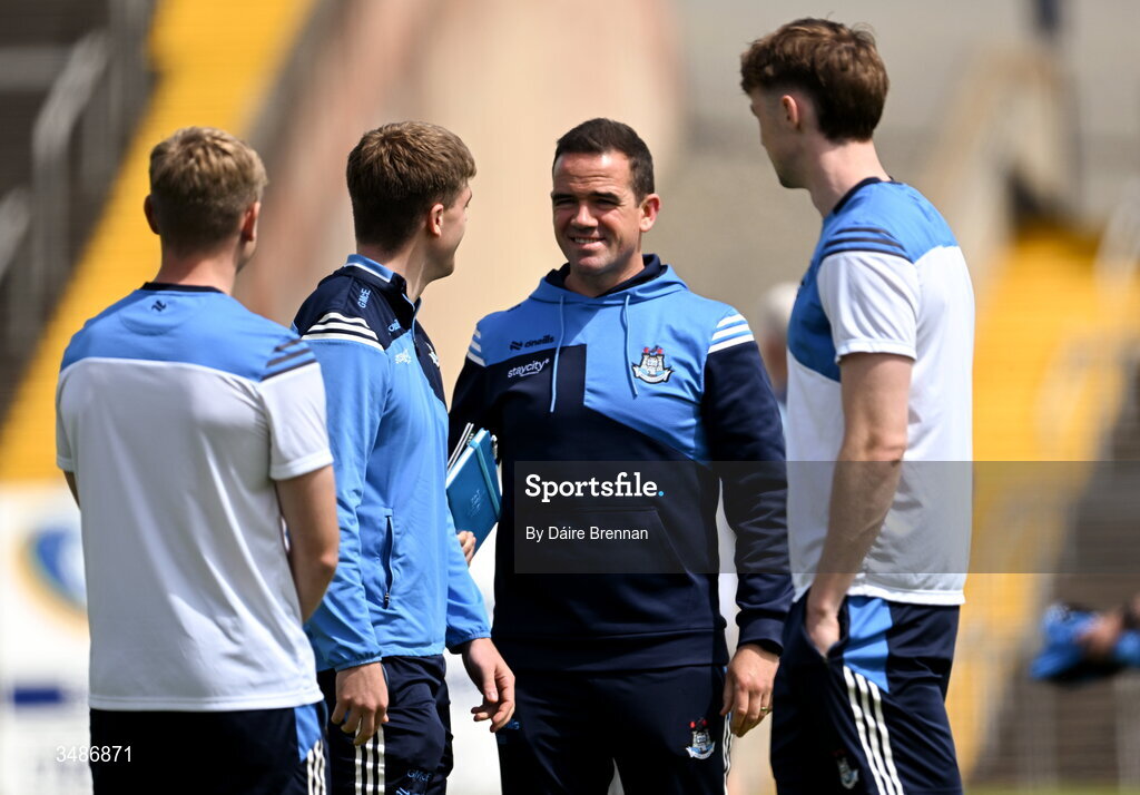 14 June 2026; Dublin manager Ger Brennan speaks with Greg McEneaney ahead of the GAA Football All-Ireland Senior Championship Round 2B match between Cavan and Dublin at Kingspan Breffni in Cavan. Photo by Daire Brennan/Sportsfile