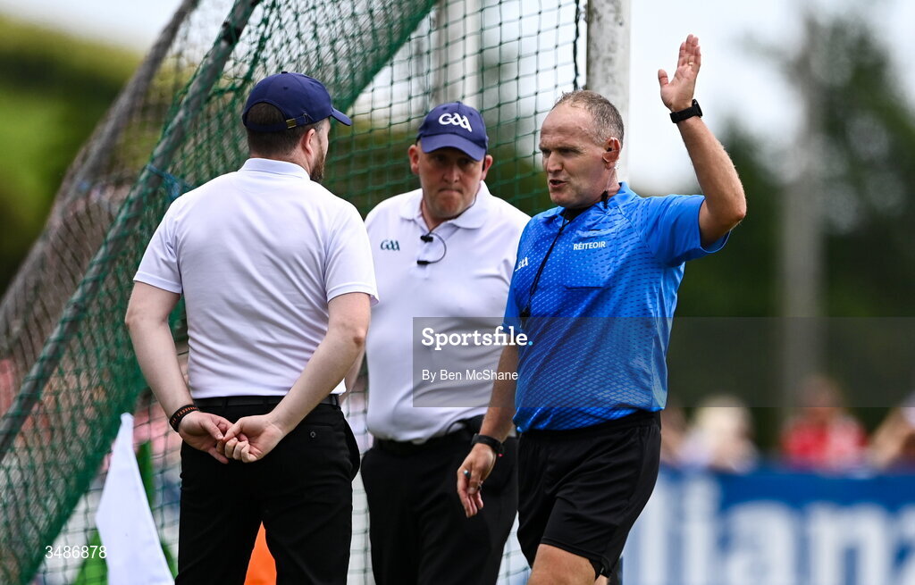 14 June 2026; Referee Conor Lane consults with his umpires during the GAA Football All-Ireland Senior Championship Round 2A match between Louth and Armagh at Páirc Grattan in Inniskeen, Monaghan. Photo by Ben McShane/Sportsfile