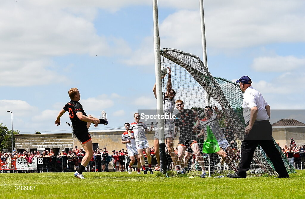 14 June 2026; Sam Mulroy of Louth clears the ball from the goal-line during the GAA Football All-Ireland Senior Championship Round 2A match between Louth and Armagh at Páirc Grattan in Inniskeen, Monaghan. Photo by Ben McShane/Sportsfile