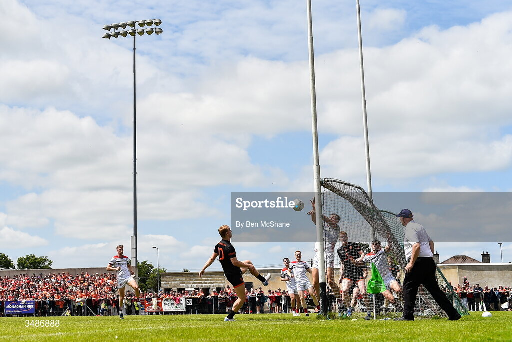 14 June 2026; Sam Mulroy of Louth clears the ball from the goal-line during the GAA Football All-Ireland Senior Championship Round 2A match between Louth and Armagh at Páirc Grattan in Inniskeen, Monaghan. Photo by Ben McShane/Sportsfile