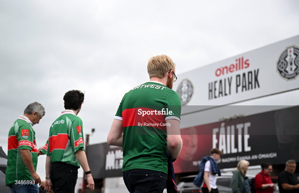14 June 2026; Mayo supporters arrive before the GAA Football All-Ireland Senior Championship Round 2A match between Tyrone and Mayo at O’Neills Healy Park in Omagh, Tyrone. Photo by Ramsey Cardy/Sportsfile