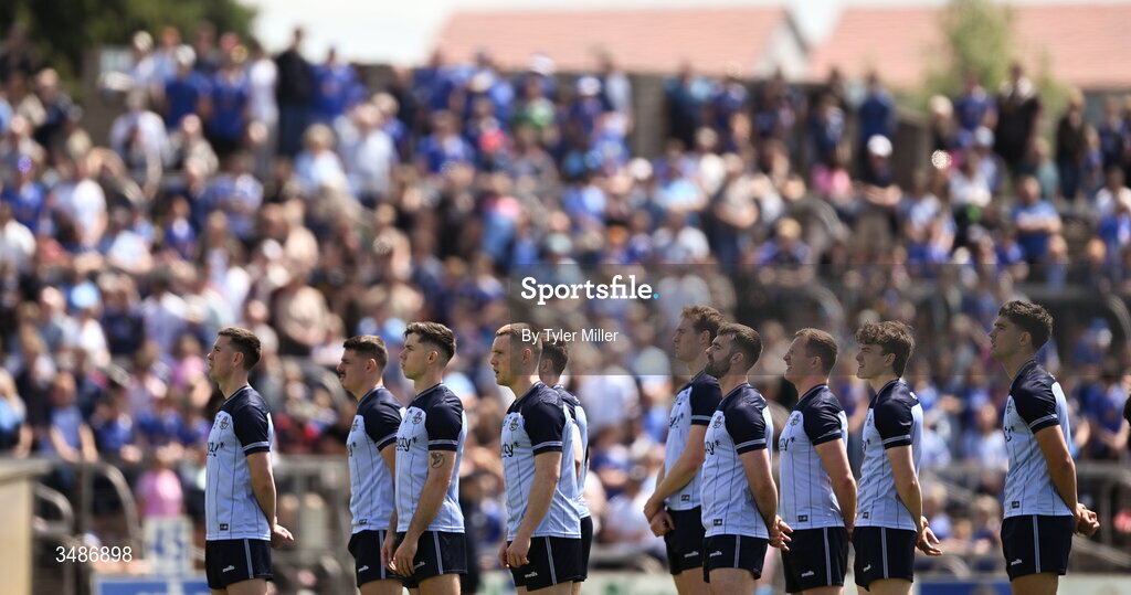 14 June 2026; Dublin players stand for the national anthem before the GAA Football All-Ireland Senior Championship Round 2B match between Cavan and Dublin at Kingspan Breffni in Cavan. Photo by Tyler Miller/Sportsfile