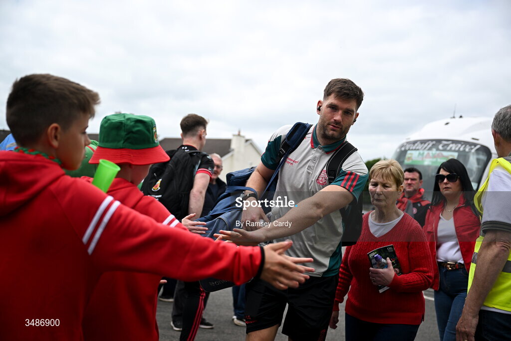 14 June 2026; Aidan O'Shea of Mayo arrives before the GAA Football All-Ireland Senior Championship Round 2A match between Tyrone and Mayo at O’Neills Healy Park in Omagh, Tyrone. Photo by Ramsey Cardy/Sportsfile