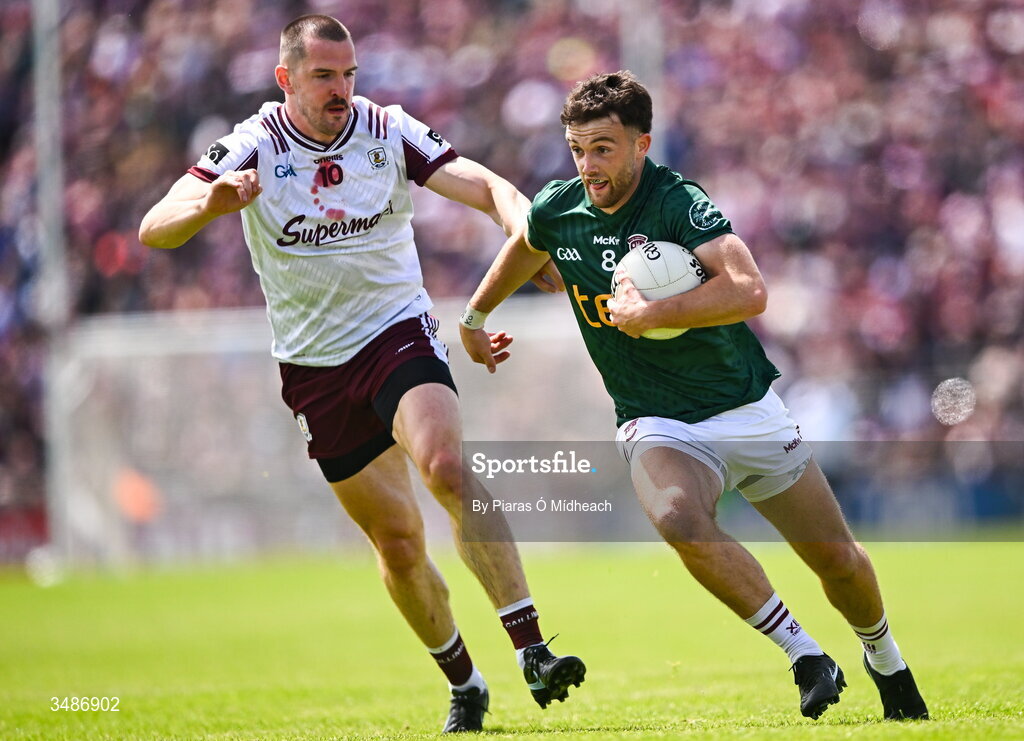 14 June 2026; Brían Cooney of Westmeath in action against Cein Darcy of Galway during the GAA Football All-Ireland Senior Championship Round 2A match between Galway and Westmeath at Pearse Stadium in Salthill, Galway. Photo by Piaras Ó Mídheach/Sportsfile