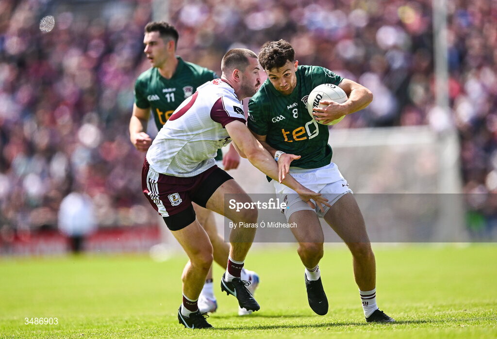 14 June 2026; Brían Cooney of Westmeath in action against Cein Darcy of Galway during the GAA Football All-Ireland Senior Championship Round 2A match between Galway and Westmeath at Pearse Stadium in Salthill, Galway. Photo by Piaras Ó Mídheach/Sportsfile