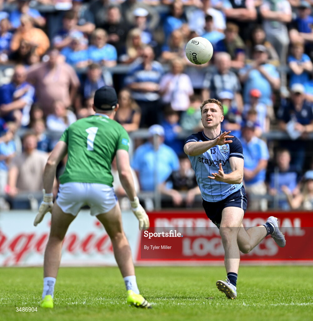 14 June 2026; Paddy Small of Dublin in action against Cavan goalkeeper Liam Brady during the GAA Football All-Ireland Senior Championship Round 2B match between Cavan and Dublin at Kingspan Breffni in Cavan. Photo by Tyler Miller/Sportsfile