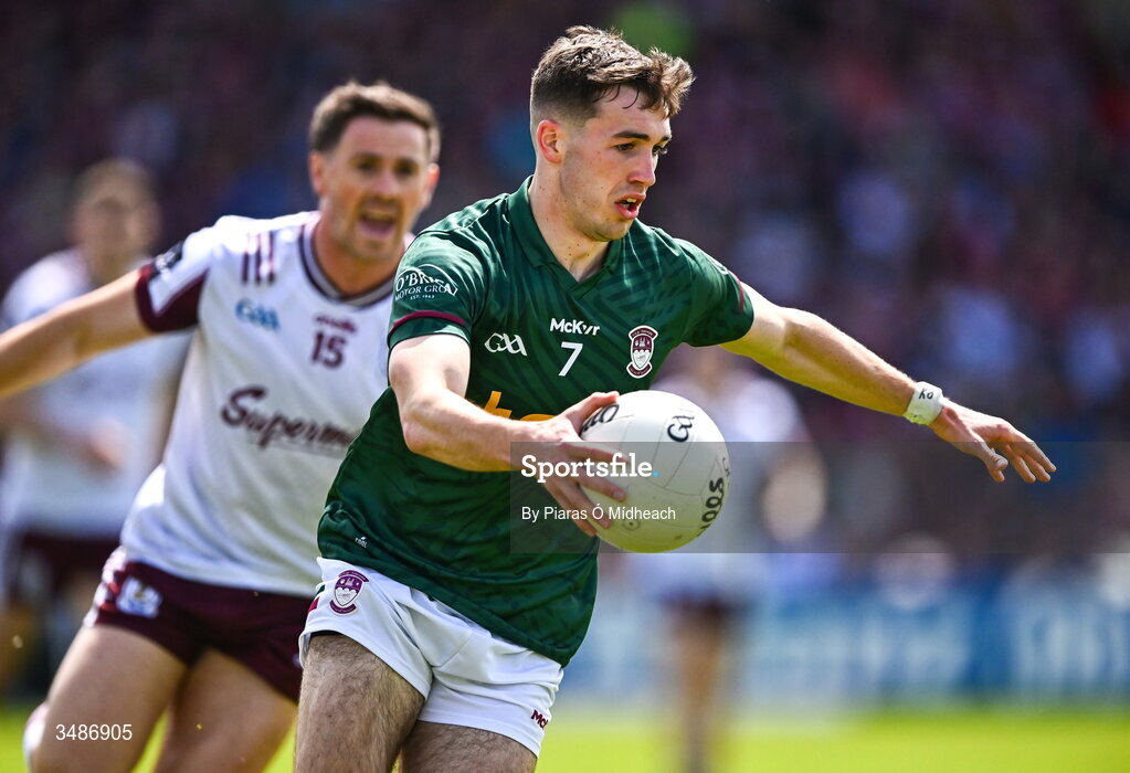 14 June 2026; Matthew Whittaker of Westmeath in action against Shane Walsh of Galway during the GAA Football All-Ireland Senior Championship Round 2A match between Galway and Westmeath at Pearse Stadium in Salthill, Galway. Photo by Piaras Ó Mídheach/Sportsfile