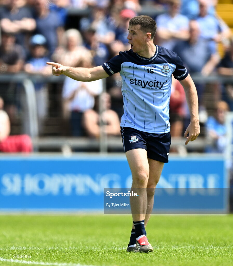 14 June 2026; Cormac Costello of Dublin remonstrates with an umpire during the GAA Football All-Ireland Senior Championship Round 2B match between Cavan and Dublin at Kingspan Breffni in Cavan. Photo by Tyler Miller/Sportsfile