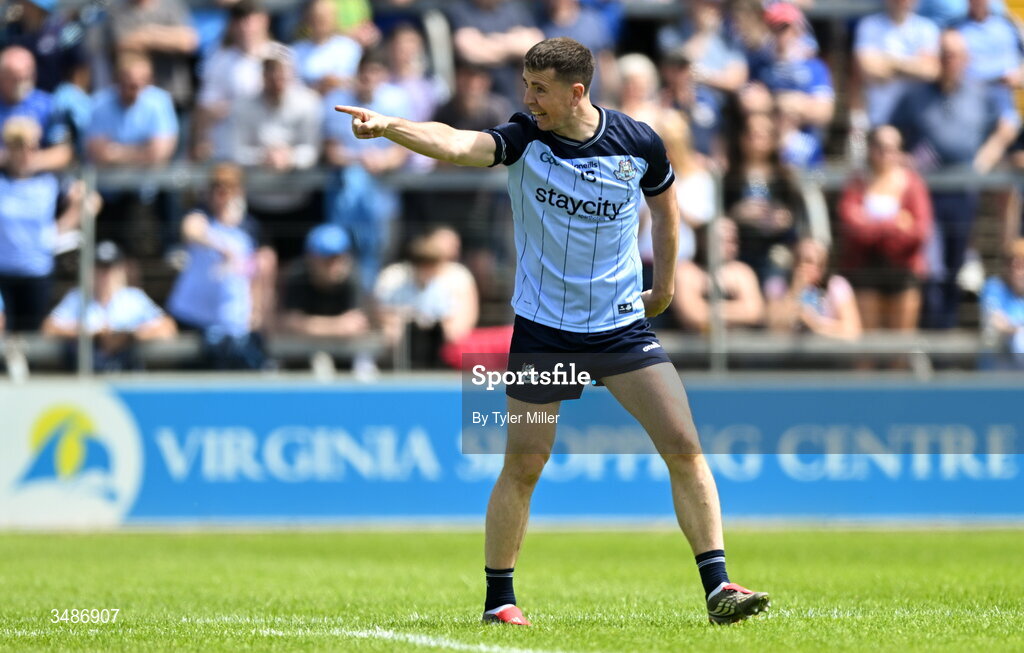 14 June 2026; Cormac Costello of Dublin remonstrates with an umpire during the GAA Football All-Ireland Senior Championship Round 2B match between Cavan and Dublin at Kingspan Breffni in Cavan. Photo by Tyler Miller/Sportsfile