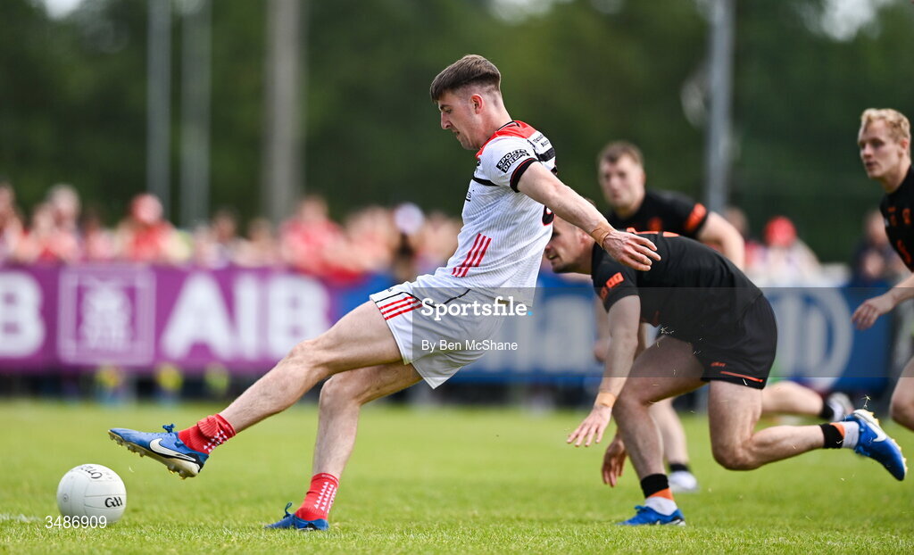 14 June 2026; Dara McDonnell of Louth scores his side's first goal during the GAA Football All-Ireland Senior Championship Round 2A match between Louth and Armagh at Páirc Grattan in Inniskeen, Monaghan. Photo by Ben McShane/Sportsfile