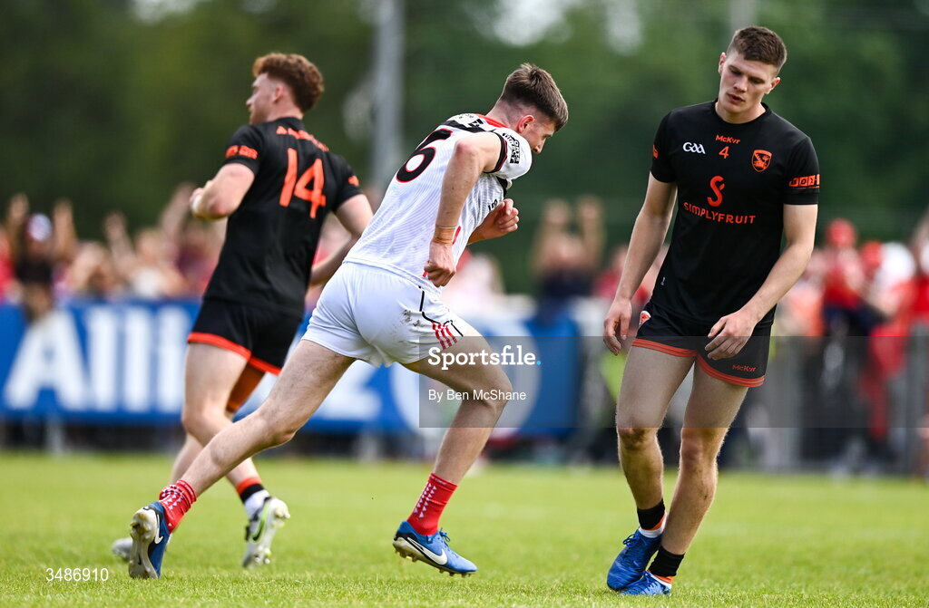 14 June 2026; Dara McDonnell of Louth after scoring their side's first goal during the GAA Football All-Ireland Senior Championship Round 2A match between Louth and Armagh at Páirc Grattan in Inniskeen, Monaghan. Photo by Ben McShane/Sportsfile