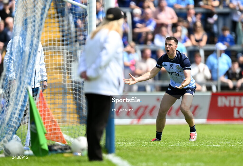 14 June 2026; Cormac Costello of Dublin remonstrates with an umpire during the GAA Football All-Ireland Senior Championship Round 2B match between Cavan and Dublin at Kingspan Breffni in Cavan. Photo by Tyler Miller/Sportsfile