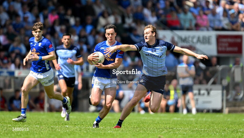 14 June 2026; Gerard Smith of Cavan in action against Peadar Ó Cofaigh Byrne of Dublin during the GAA Football All-Ireland Senior Championship Round 2B match between Cavan and Dublin at Kingspan Breffni in Cavan. Photo by Daire Brennan/Sportsfile
