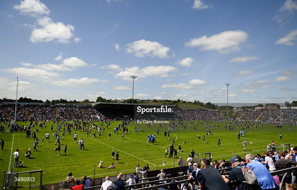 14 June 2026; A general view of supporters on the pitch at half time during the GAA Football All-Ireland Senior Championship Round 2B match between Cavan and Dublin at Kingspan Breffni in Cavan. Photo by Daire Brennan/Sportsfile