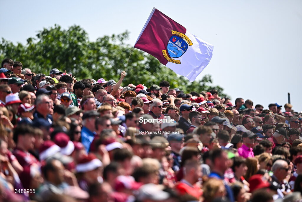 14 June 2026; A Westmeath supporter holds up a flag on the terrace during the GAA Football All-Ireland Senior Championship Round 2A match between Galway and Westmeath at Pearse Stadium in Salthill, Galway. Photo by Piaras Ó Mídheach/Sportsfile