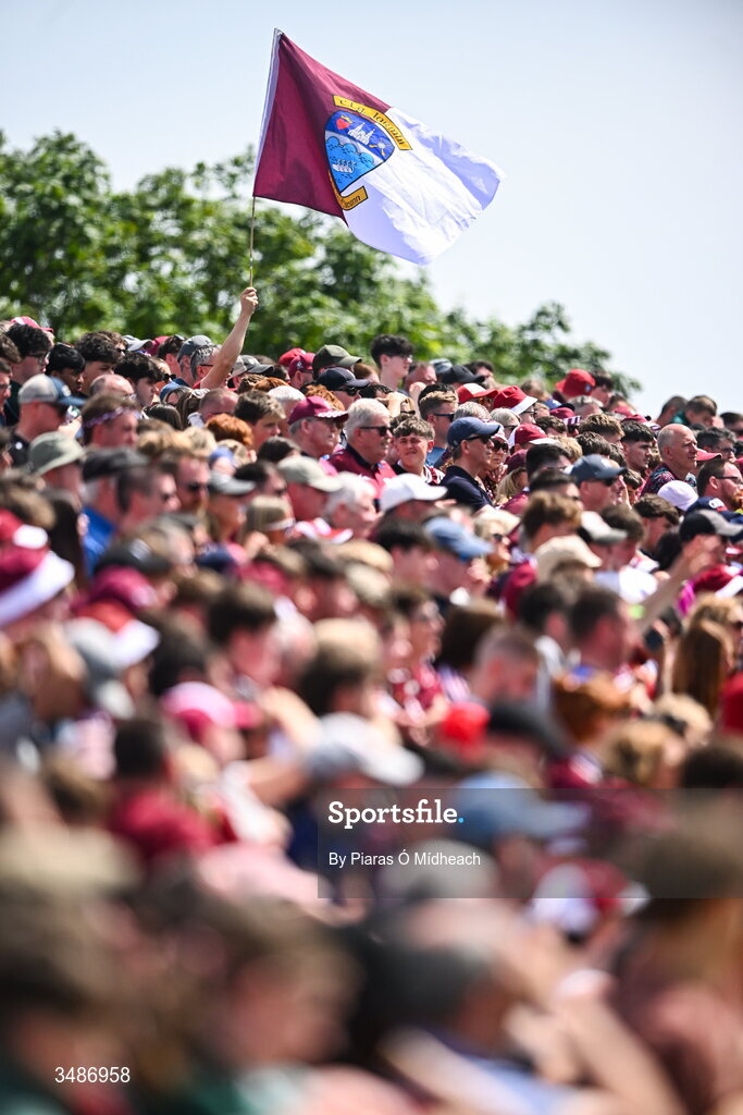 14 June 2026; A Westmeath supporter holds up a flag on the terrace during the GAA Football All-Ireland Senior Championship Round 2A match between Galway and Westmeath at Pearse Stadium in Salthill, Galway. Photo by Piaras Ó Mídheach/Sportsfile