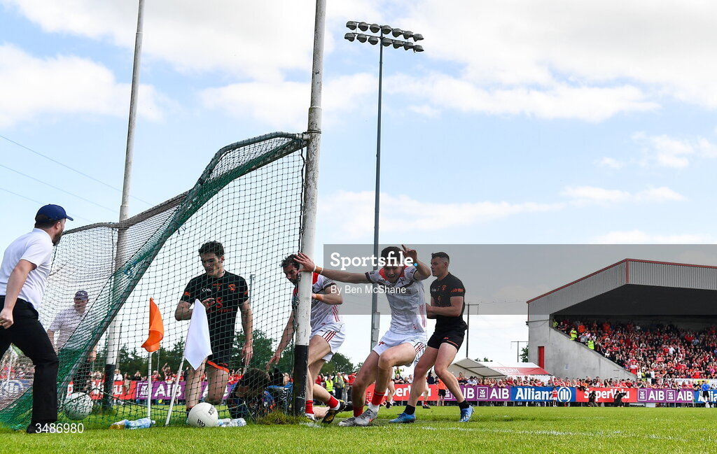 14 June 2026; Conall McCaul of Louth celebrates after his side's winning goal, after the ball dropped into the net from the hands of Armagh goalkeeper Ethan Rafferty, during the GAA Football All-Ireland Senior Championship Round 2A match between Louth and Armagh at Páirc Grattan in Inniskeen, Monaghan. Photo by Ben McShane/Sportsfile