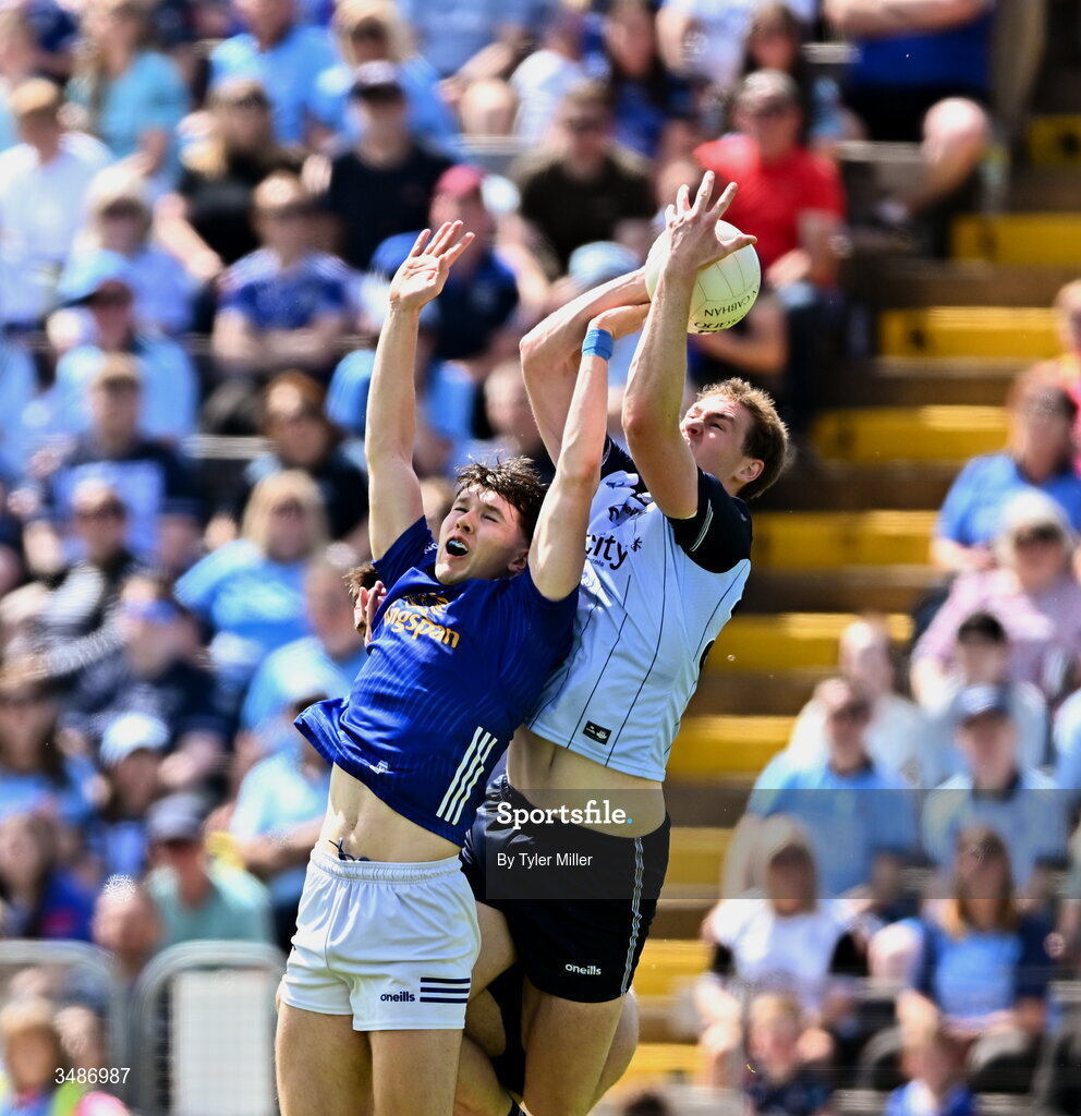 14 June 2026; Peadar Ó Cofaigh Byrne of Dublin in action against Paddy Meade of Cavan during the GAA Football All-Ireland Senior Championship Round 2B match between Cavan and Dublin at Kingspan Breffni in Cavan. Photo by Tyler Miller/Sportsfile