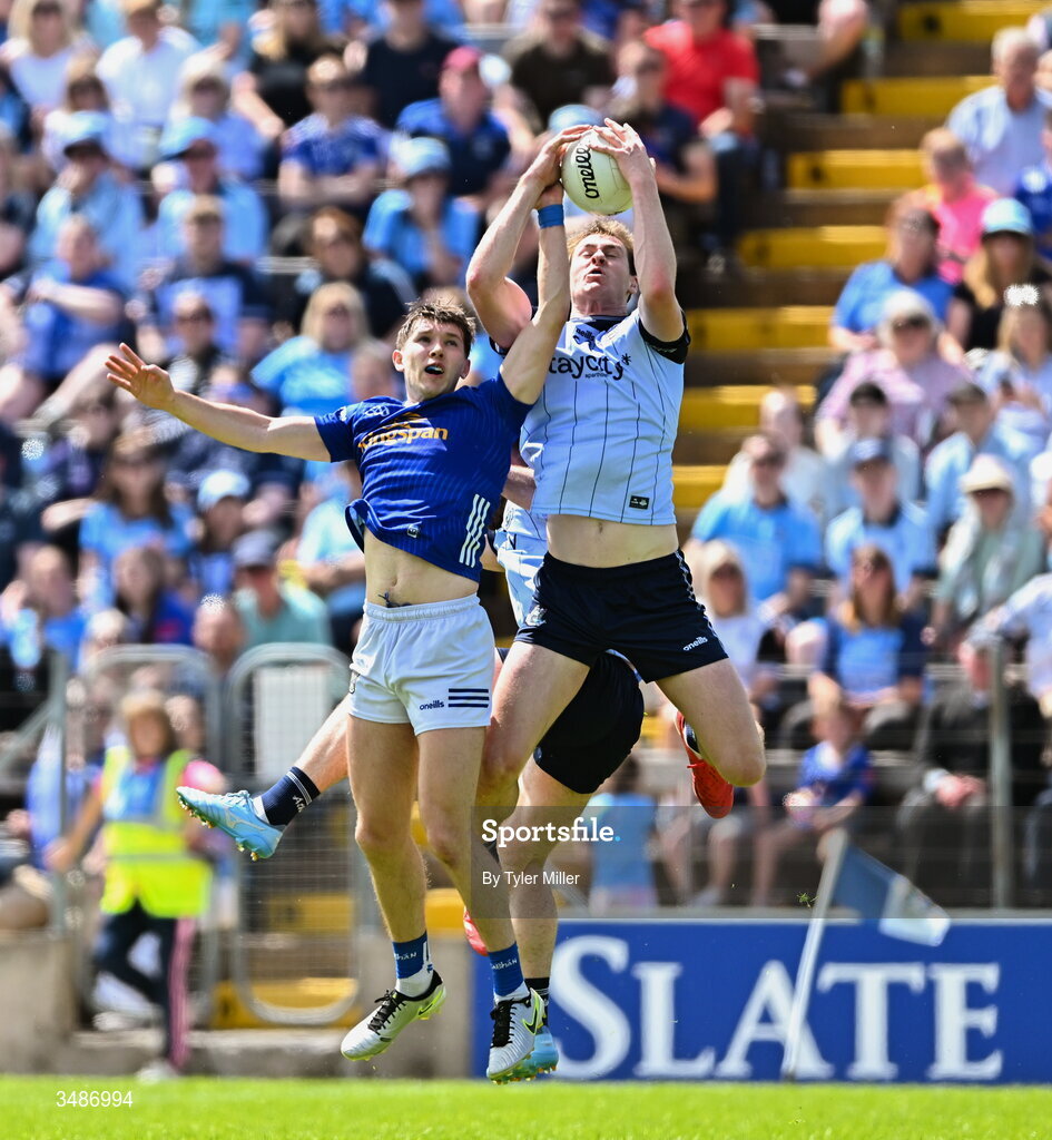 14 June 2026; Peadar Ó Cofaigh Byrne of Dublin in action against Paddy Meade of Cavan during the GAA Football All-Ireland Senior Championship Round 2B match between Cavan and Dublin at Kingspan Breffni in Cavan. Photo by Tyler Miller/Sportsfile