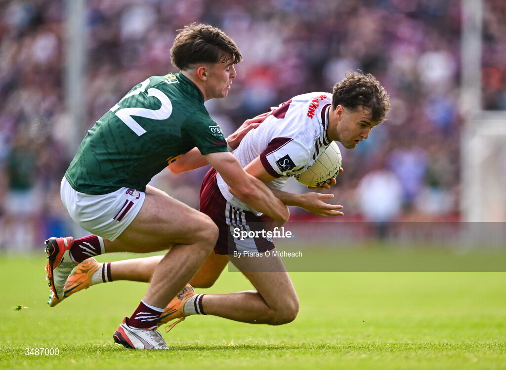 14 June 2026; Robert Finnerty of Galway in action against Shane Ormsby of Westmeath during the GAA Football All-Ireland Senior Championship Round 2A match between Galway and Westmeath at Pearse Stadium in Salthill, Galway. Photo by Piaras Ó Mídheach/Sportsfile