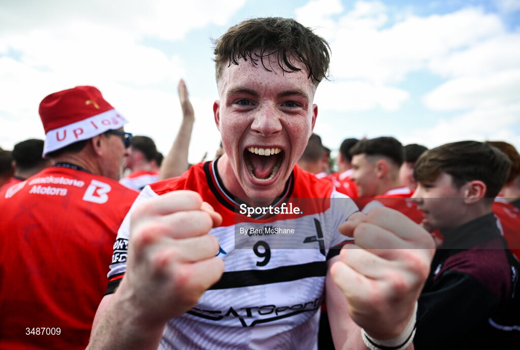 14 June 2026; James Maguire of Louth celebrates after the GAA Football All-Ireland Senior Championship Round 2A match between Louth and Armagh at Páirc Grattan in Inniskeen, Monaghan. Photo by Ben McShane/Sportsfile