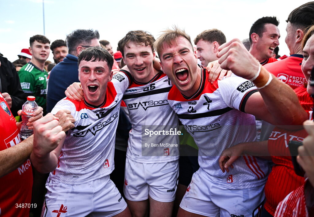 14 June 2026; Louth players, Kieran McArdle, Sean Reynolds and Conor Grimes celebrate after the GAA Football All-Ireland Senior Championship Round 2A match between Louth and Armagh at Páirc Grattan in Inniskeen, Monaghan. Photo by Ben McShane/Sportsfile