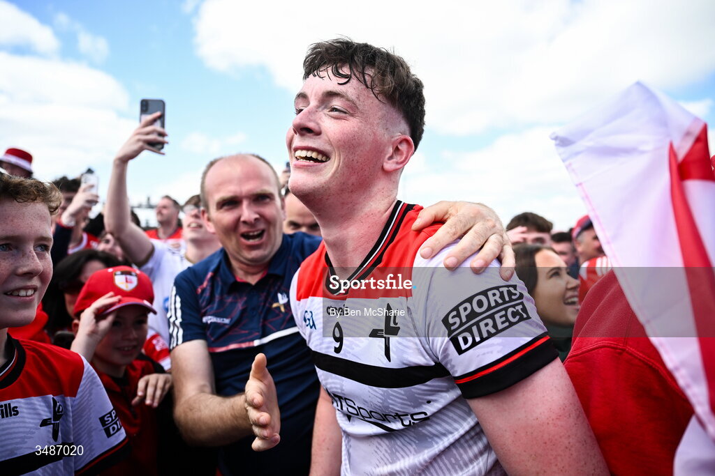 14 June 2026; James Maguire of Louth celebrates after the GAA Football All-Ireland Senior Championship Round 2A match between Louth and Armagh at Páirc Grattan in Inniskeen, Monaghan. Photo by Ben McShane/Sportsfile