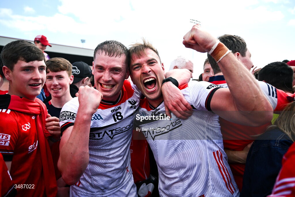 14 June 2026; Ciaran Byrne, left, and Conor Grimes of Louth celebrate after the GAA Football All-Ireland Senior Championship Round 2A match between Louth and Armagh at Páirc Grattan in Inniskeen, Monaghan. Photo by Ben McShane/Sportsfile